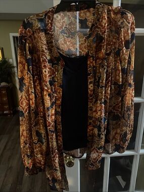 Sheer Floral Open-Front Tunic - Rust Multi